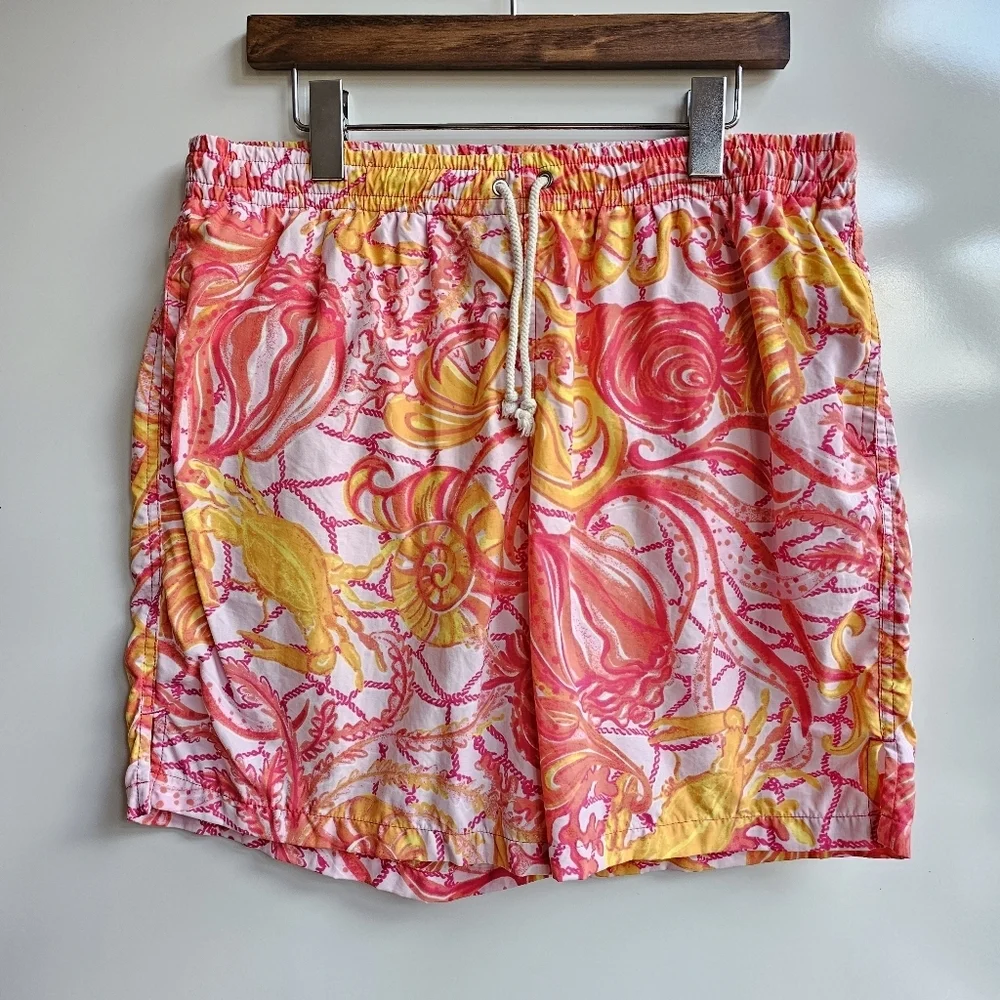 Lilly Pulitzer Men's Capri Trunk Yellow Pink Drawstring Mesh Lined Swim Shorts M